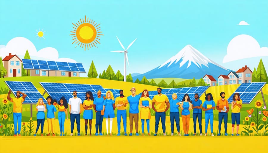 Illustration depicting a diverse group of people united under a sunny sky, with solar panels on rural and urban landscapes, Mount Hood in the background, and symbols of sustainability and collaboration like a wind turbine and community garden.