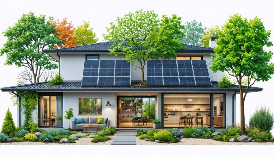 Conceptual illustration showing energy-efficient landscaping with deciduous trees shading a house in summer, integrated solar panels, and diverse ground cover plants illustrating sustainability and energy conservation.
