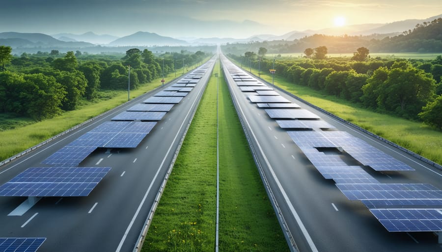 Conceptual illustration of a solar-powered road transforming into a clean energy grid, depicting the integration of solar panels within the road surface and showcasing the potential of sustainable transportation infrastructure.