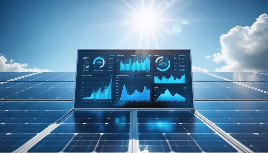 Conceptual illustration of a digital dashboard monitoring solar panel performance, showcasing energy output metrics and graphs with solar panels in the background under a bright sun.