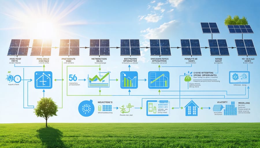 Conceptual representation of a solar energy bill transforming into a flowchart, showing key areas such as energy production, consumption, and net metering credits, illuminated by the sun and surrounded by solar panels.
