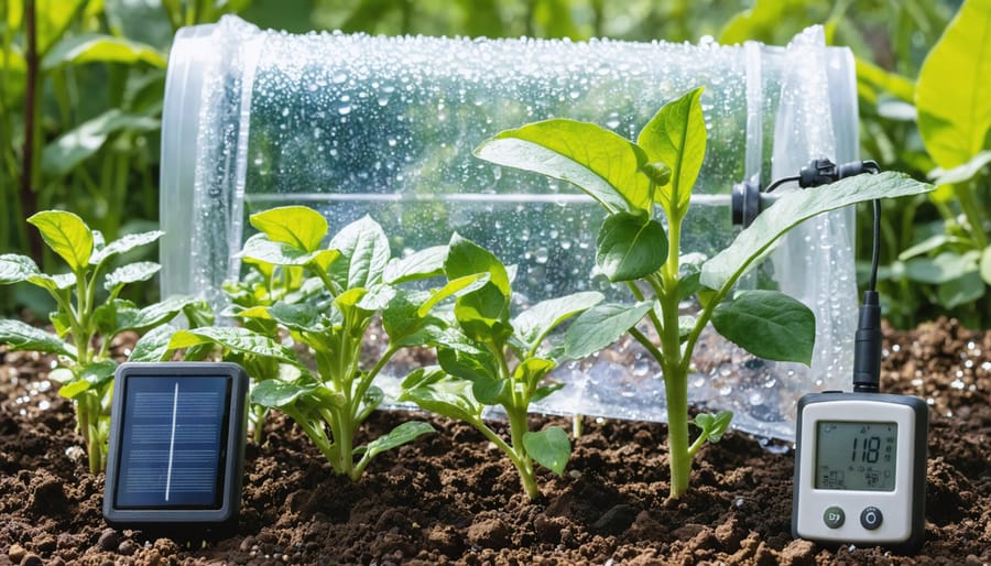 A garden bed covered with clear plastic sheeting for solarization, with moisture condensation visible underneath. Solar-powered monitoring tools are strategically placed, indicating a combination of natural and technological approaches to sustainable gardening.
