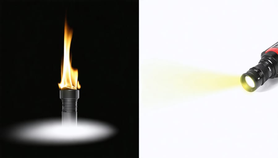 Side-by-side illustration showing a flickering torch light with an unsteady beam on the left and a steady, bright beam from a torch on the right, highlighting the difference between problematic and well-maintained torches.