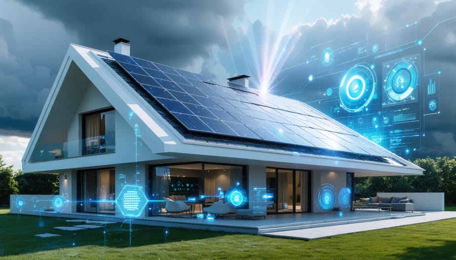 A modern smart home rooftop featuring advanced quantum solar panels capturing sunlight on a cloudy day, with a digital display showing real-time energy metrics.