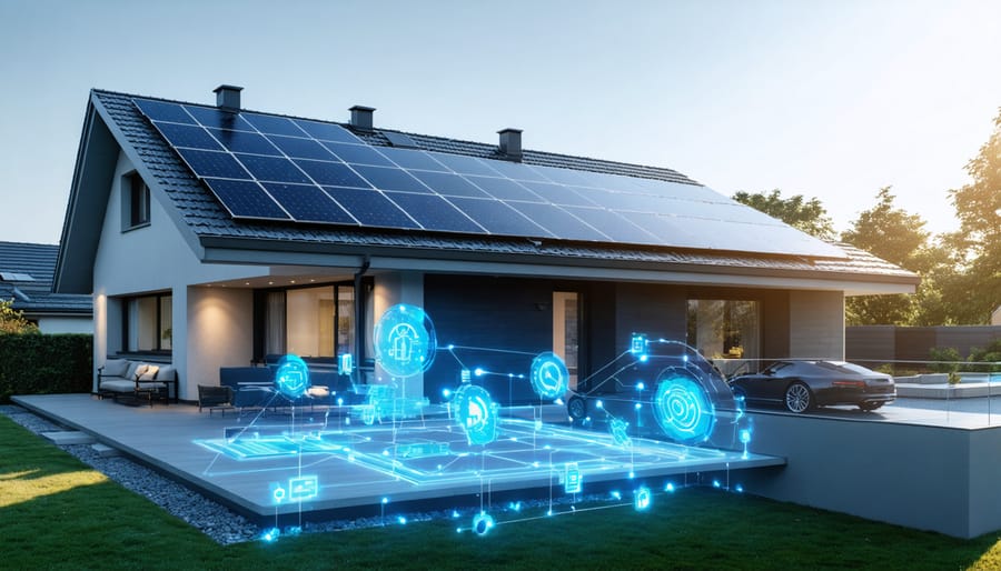 Modern home with high-efficiency solar panels installed on the rooftop, reflecting sunlight, symbolizing the integration of advanced solar technology in residential settings.