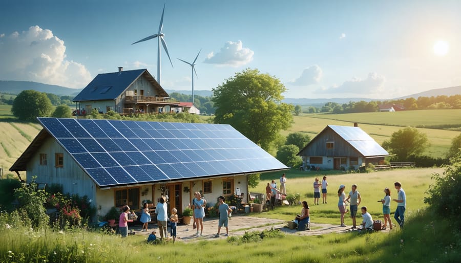 A vibrant rural landscape featuring solar panels on rooftops and fields, a wind turbine, and community members going about their daily routines, symbolizing energy independence and resilience.