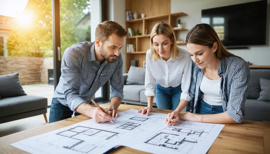 Homeowners in discussion with a professional solar consultant over solar panel installation plans, reviewing documents detailing roof evaluations, shading analysis, and financial incentives.