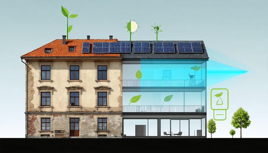 A conceptual split image illustrating the transformation from an old, energy-inefficient building to a solar-powered, energy-efficient structure, showcasing before-and-after features like solar panels and modernized windows.