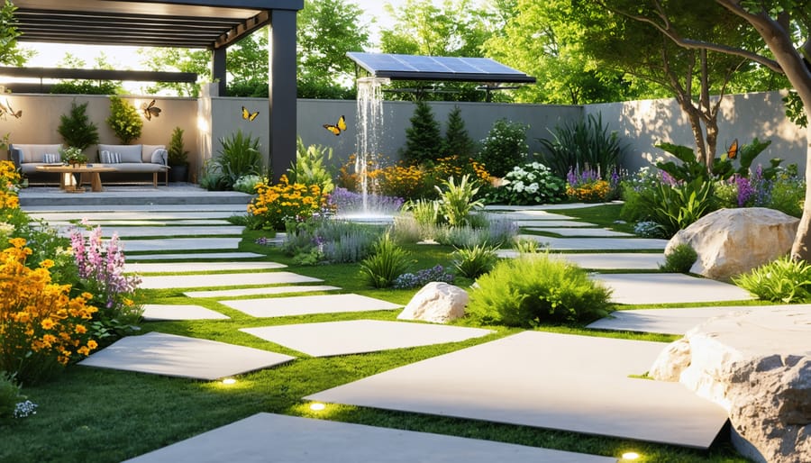 A beautifully designed sustainable backyard featuring solar-powered pergola, vibrant native plants, a solar water fountain, and illuminated garden paths, with wildlife adding a touch of harmony.
