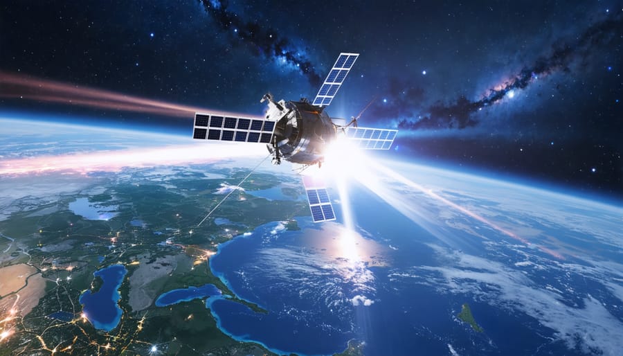 Illustrative scene showing a futuristic satellite in orbit beaming solar energy to a residential neighborhood, symbolizing the innovative technology of space-based solar power transforming home energy solutions.