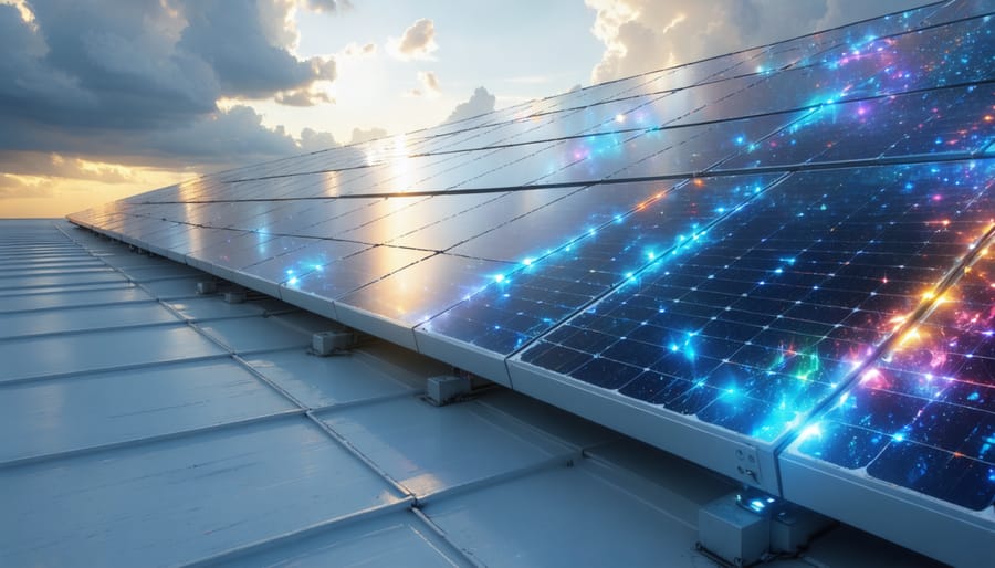 Futuristic depiction of a home with advanced quantum solar panels capturing a spectrum of colorful light rays, symbolizing high-efficiency energy conversion even under cloudy conditions, enhanced by abstract quantum mechanics elements.