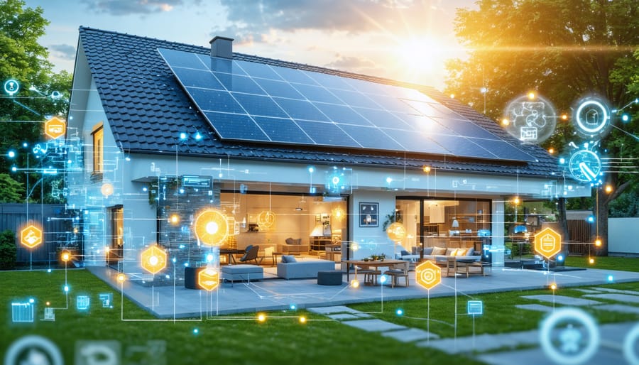 Conceptual illustration of a smart home with solar panels and a digital dashboard showing energy management, highlighting solar energy distribution to household appliances.