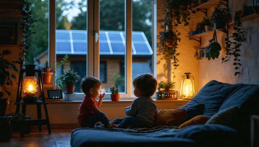 A family inside their home during a power outage, illuminated by warm, solar-powered lights. Visible are solar panels on the roof glowing softly against the night, representing reliable emergency power.
