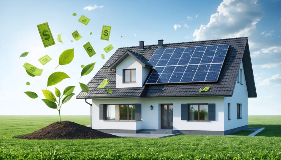 Residential home with solar panels on the roof, surrounded by floating dollar signs and green leaves, symbolizing financial savings and positive environmental impact due to carbon pricing.