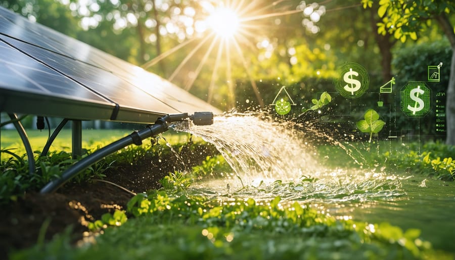 A lush garden being watered by a solar-powered irrigation system, with solar panels capturing sunlight in the background. The image highlights the integration of clean energy with efficient water management, symbolizing cost savings and environmental sustainability.