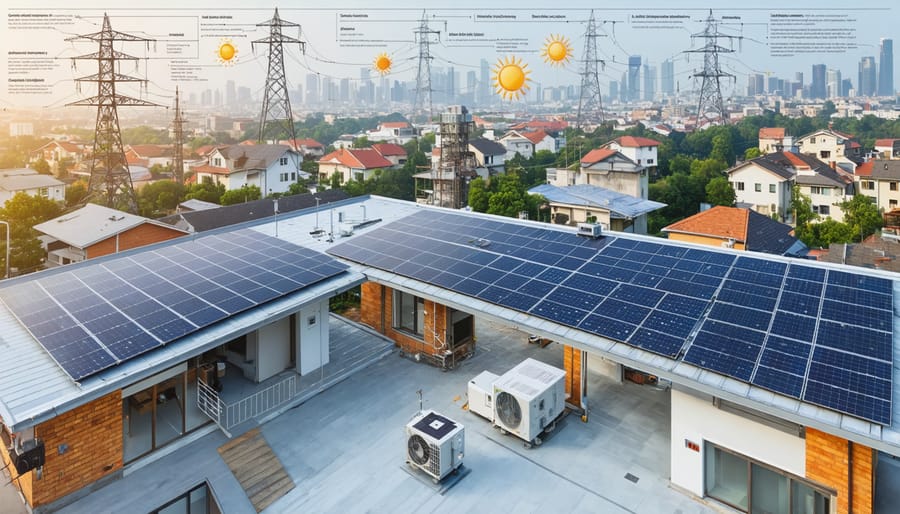 Illustration of a rooftop solar installation featuring panels, mounting systems, and an inverter, against a neighborhood backdrop, highlighting the sophisticated infrastructure supporting solar energy generation.