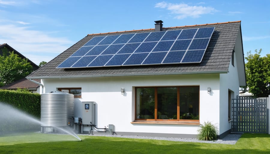 Suburban home featuring rooftop solar panels and a modern water storage tank, with active garden irrigation showing solar-powered sprinklers, illustrating the integration of renewable energy and sustainable water management.