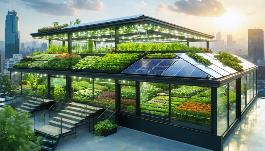 A rooftop urban farm with vegetables growing under semi-transparent solar panels, illustrating the integration of solar energy and urban agriculture with city skyscrapers in the background.