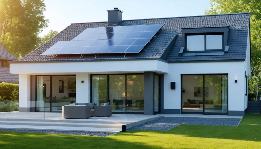 Modern home with solar panels on the roof and a Tesla Powerwall battery storage unit on the exterior, set under vibrant sunlight symbolizing sustainable energy integration.