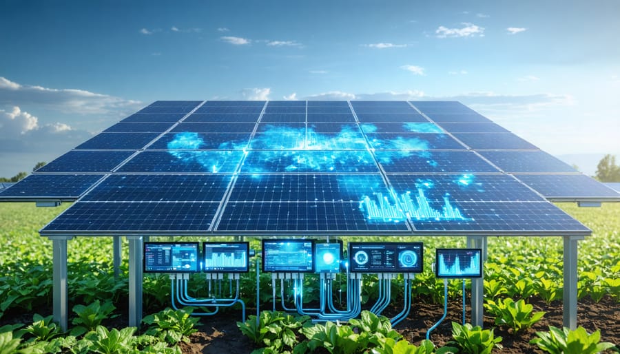 Solar-powered groundwater management system featuring an array of solar panels, digital monitoring equipment, and a well-maintained landscape, illustrating eco-friendly water management solutions.