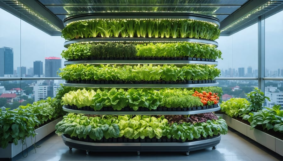 A rooftop urban hydroponic garden thriving under solar panels, with fresh vegetables growing in tiers and LED lights, set against a vibrant city skyline.