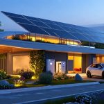 Illustration of a modern home showcasing advanced renewable energy storage solutions, including solar panels, lithium-ion batteries, thermal storage, flow batteries, supercapacitors, a hydrogen fuel cell vehicle, and gravitational energy storage systems.