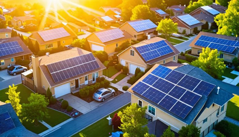 A neighborhood of houses with solar panels on roofs under bright sunlight, symbolizing energy savings and environmental benefits for homeowners.