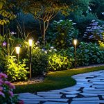 Nighttime garden illuminated by solar-powered lights, highlighting a pathway and surrounding plants, with visible solar panels.
