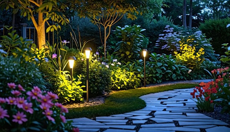 Nighttime garden illuminated by solar-powered lights, highlighting a pathway and surrounding plants, with visible solar panels.
