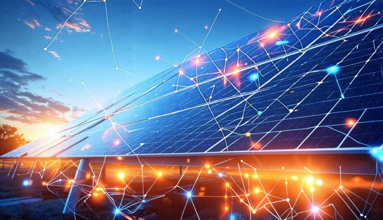 Illustration of a solar panel with digital enhancements and energy flow lines, highlighting the impact of solar optimizers in improving efficiency under varying conditions.