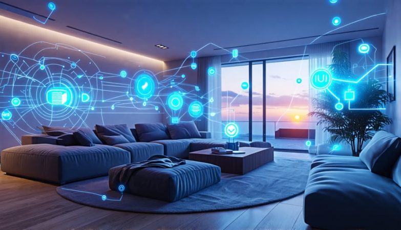 A modern home interior displaying various interconnected smart devices, including smart lights, a thermostat, a voice-controlled speaker, and a security camera, with digital lines indicating seamless integration.