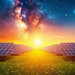 Visualization of solar panels generating electricity under sunlight and at night, symbolizing the reliability of solar energy.