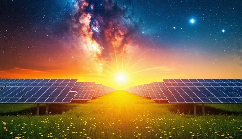 Visualization of solar panels generating electricity under sunlight and at night, symbolizing the reliability of solar energy.