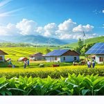 A scenic rural village utilizing solar panels on rooftops, with solar-powered water pumps and a bustling community center, demonstrating the impact of solar energy solutions.