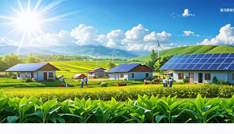 A scenic rural village utilizing solar panels on rooftops, with solar-powered water pumps and a bustling community center, demonstrating the impact of solar energy solutions.