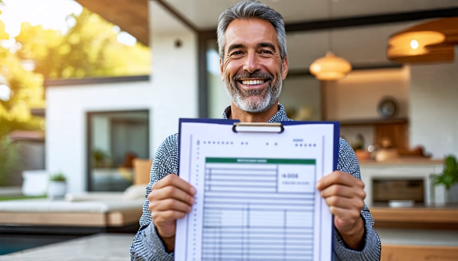 Happy urban resident holding a utility bill showing solar energy savings