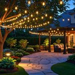 A beautifully illuminated garden at dusk with various solar-powered lights, including path lights, spotlights, and string lights, creating a serene and enchanting atmosphere among lush greenery.