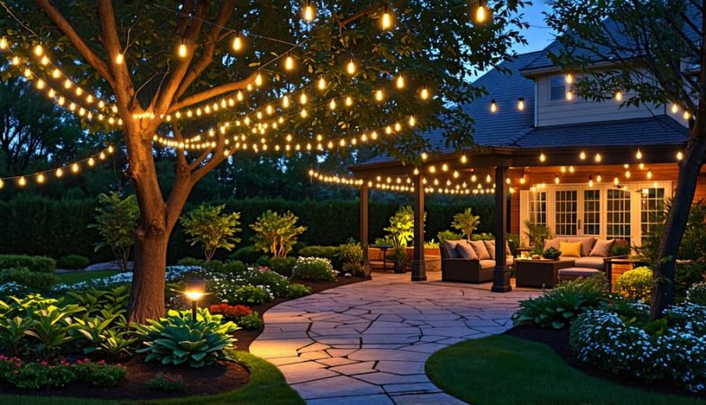 A beautifully illuminated garden at dusk with various solar-powered lights, including path lights, spotlights, and string lights, creating a serene and enchanting atmosphere among lush greenery.