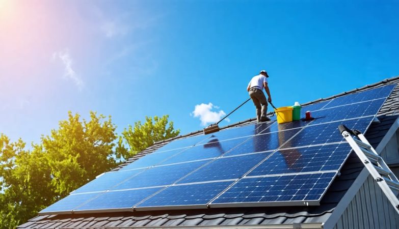 Person cleaning solar panels on a residential rooftop using a soft brush, surrounded by cleaning supplies and a ladder, representing regular maintenance for solar energy efficiency.