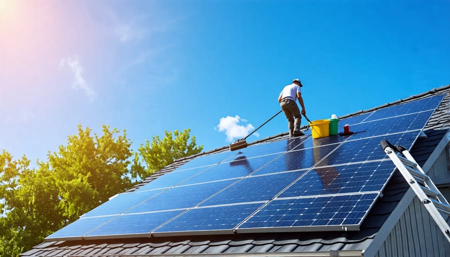 Person cleaning solar panels on a residential rooftop using a soft brush, surrounded by cleaning supplies and a ladder, representing regular maintenance for solar energy efficiency.