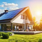 Modern house with solar panels on the roof, bright sun in the background, and a happy family enjoying their sustainable energy-powered home.