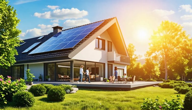 Modern house with solar panels on the roof, bright sun in the background, and a happy family enjoying their sustainable energy-powered home.