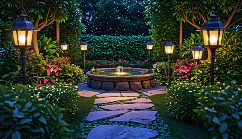 A beautifully illuminated garden at night featuring solar path lights, a solar fountain, and decorative solar lanterns creating an enchanting atmosphere.