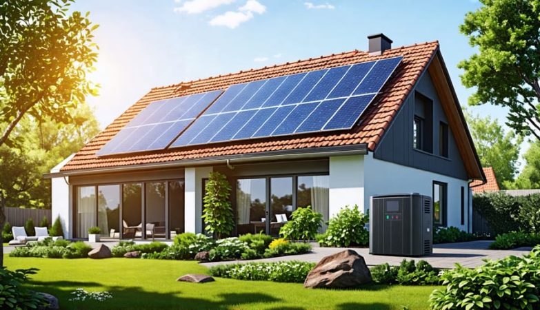 Suburban home with rooftop solar panels and a visible battery storage unit, representing a solar-powered emergency backup system.