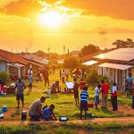 Community members collaborating on solar preparations, using various solar-powered devices under a protective sun.