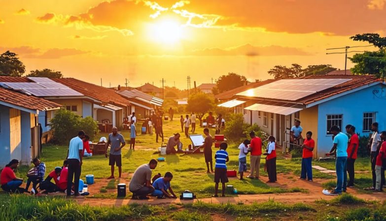 Community members collaborating on solar preparations, using various solar-powered devices under a protective sun.