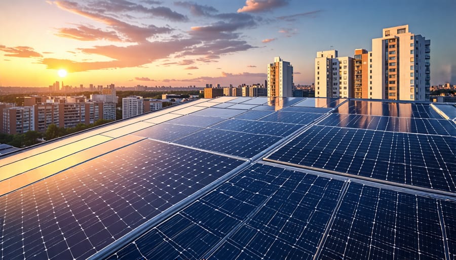 Urban rooftop solar panel array on a multi-story residential building