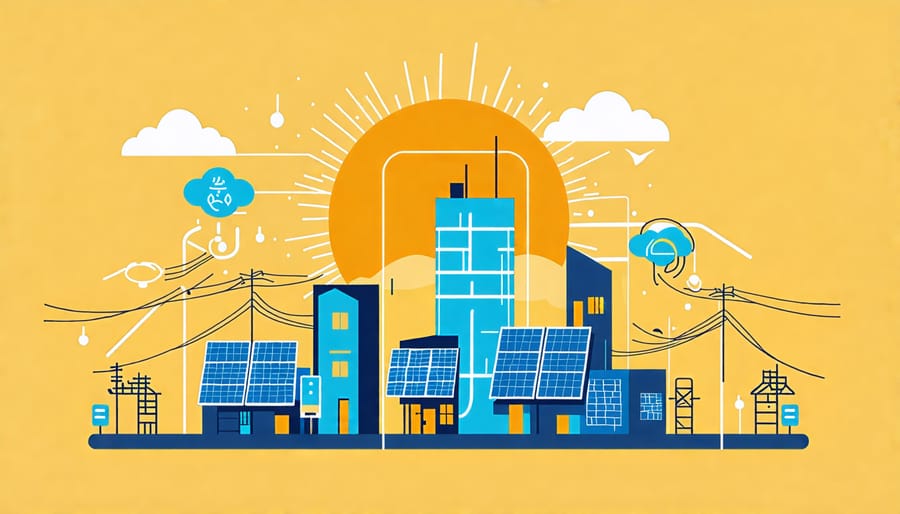 Conceptual illustration showing city buildings equipped with solar panels, connected by smart meters and energy flow lines, with the sun symbolizing renewable energy.