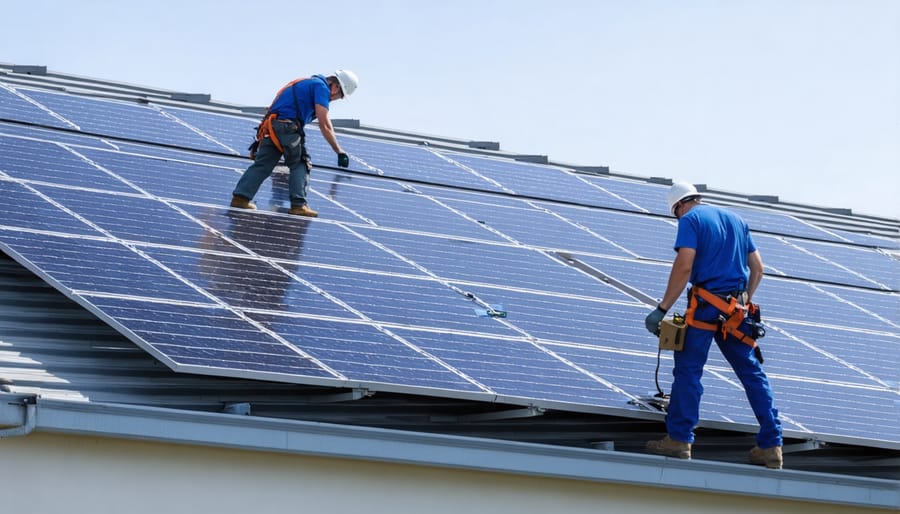 Professional solar installation team mounting panels on a commercial rooftop
