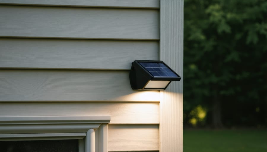Bright solar floodlight with motion sensor providing security lighting for a home's exterior